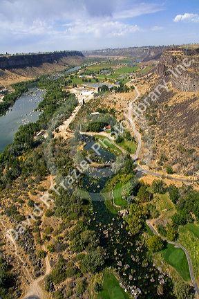 Aerial view of Blue Lakes Country Club golf course in the Snake River Canyon at Twin Falls, Idaho, USA.