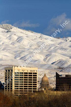 Snow covered foothills and downtown Boise, Idaho, USA.