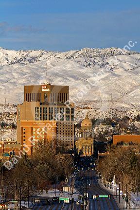 Snow covered foothills and downtown Boise, Idaho, USA.