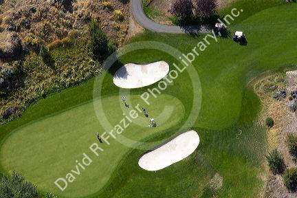 Aerial view of Blue Lakes Country Club golf course in the Snake River Canyon at Twin Falls, Idaho, USA.