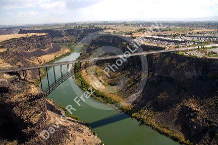 Aerial view of the Perrine Bridge spanning the Snake River Canyon at Twin Falls, Idaho, USA.