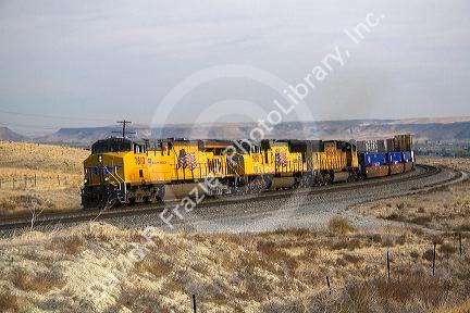 Union Pacific intermodal container train traveling through Elmore County, Idaho, USA.