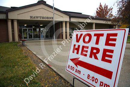 Vote here sign at a polling station in Boise, Idaho, USA.