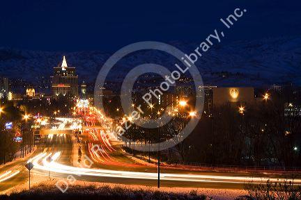 Traffic in motion at night in Boise, Idaho, USA.