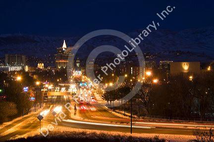 Traffic in motion at night in Boise, Idaho, USA.