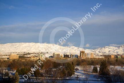 Snow covered foothills and downtown Boise, Idaho, USA.