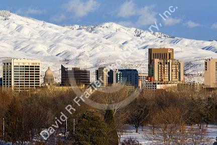 Snow covered foothills and downtown Boise, Idaho, USA.