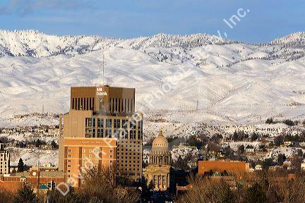 Snow covered foothills and downtown Boise, Idaho, USA.