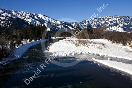 The Payette River south fork during winter in Boise County, Idaho, USA.