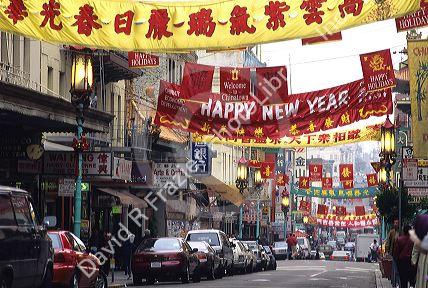 Banners drape above the street in Chinatown, San Francisco, California.
