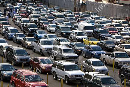 Automobiles wait to enter the United States port of entry at the Tijuana, Baja California, Mexico/San Diego, California border crossing.