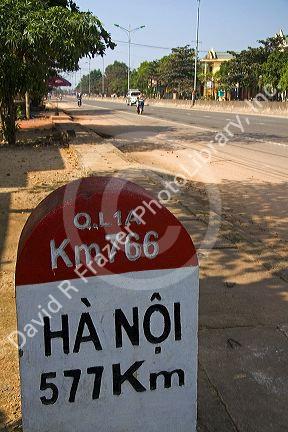 Milepost in Kilometers showing the distance from Quang Tri to Hanoi on the National Highway 1, Vietnam.