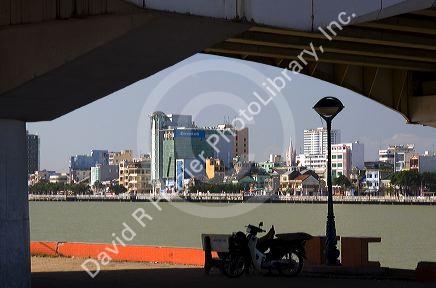 High rise buildings along the Han River in the port city of Da Nang, Vietnam.