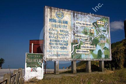 Information road sign with map of the Hai Van Pass area in Vietnam.