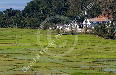 Catholic church and rice paddies south of Hue, Vietnam.
