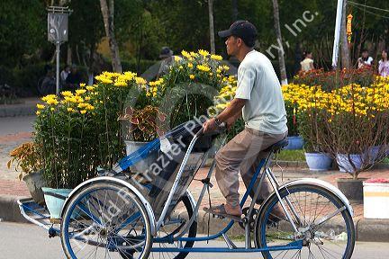 Vietnamese man transporting flowers on a cyclo in Hue, Vietnam.