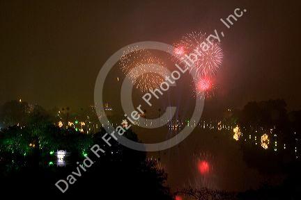 Firework display over Hoan Kiem Lake for Tet festivities in Hanoi, Vietnam.
