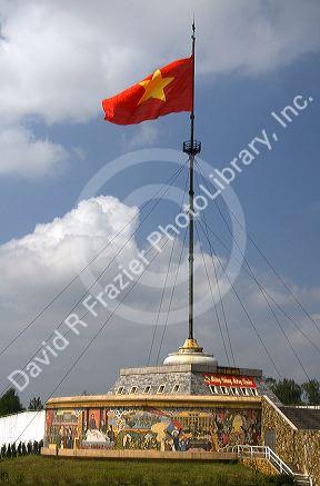 Vietnam flag flying at the former border of North Vietnam and South Vietnam in the Quang Tri Province, Vietnam.
