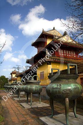 The Nine Dynastic Urns in front of the Mieu Temple within the Imperial Citadel of Hue, Vietnam.