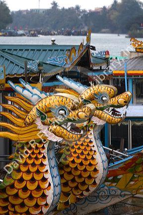 Dragon boats on the Perfume River at Hue, Vietnam.