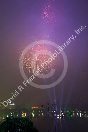 Firework display over Hoan Kiem Lake for Tet festivities in Hanoi, Vietnam.