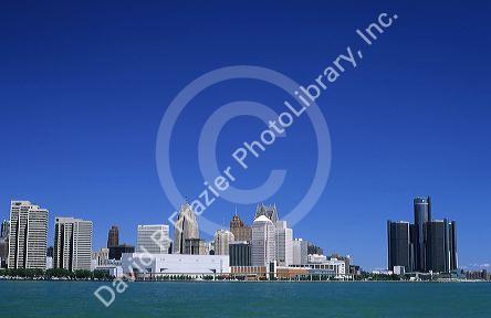 Detroit skyline with the Detroit river in the foreground, Michigan.