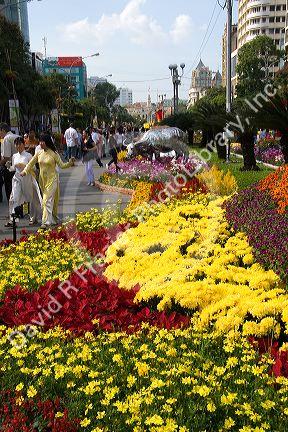 Flower displays are a part of the Tet Lunar New Year celebration in Ho Chi Minh City, Vietnam.
