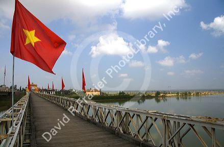 Memorial portal to Ho Chi Minh at the Hien Luong Bridge spanning the Ben Hai River in Quang Tri Province, Vietnam.