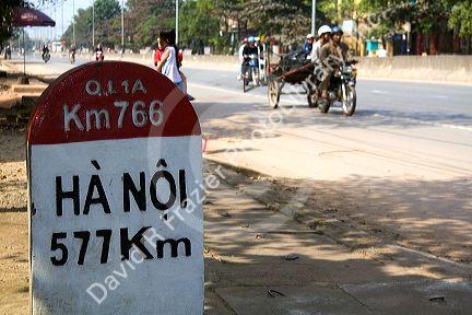 Milepost in Kilometers showing the distance from Quang Tri to Hanoi on the National Highway 1, Vietnam.