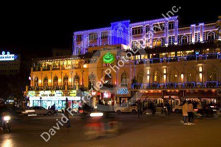 Night street scene during Tet in the historical center of Hanoi, Vietnam.