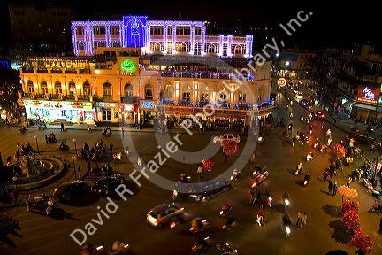 Night street scene during Tet in the historical center of Hanoi, Vietnam.