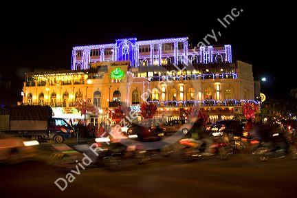 Night street scene during Tet in the historical center of Hanoi, Vietnam.