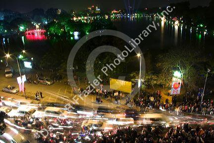 Night view of Hoan Kiem Lake and the Huc Bridge in Hanoi, Vietnam.