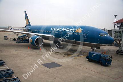 Vietnam Airlines Boeing 777 at Noi Bai International Airport serving Hanoi, Vietnam.