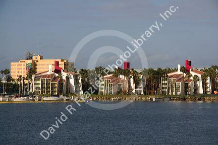 Modern residential buildings along the waterfront at Long Beach, California, USA.
