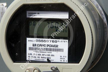 Digital eletricity meter displays use and rate of consumption to consumer in Boise, Idaho, USA.