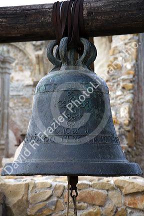 San Vicente bell from The Great Stone Church bell tower at the Mission San Juan Capistrano, California, USA.