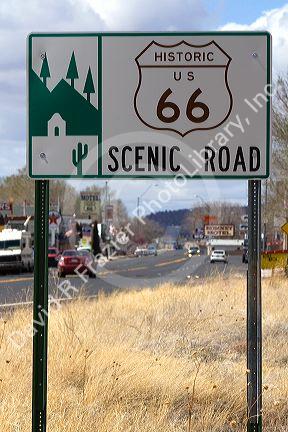 Road sign for Historic U.S. Route 66 near Seligman, Arizona, USA.