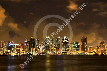 San Diego skyline at night in Southern California, USA.