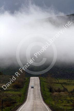 Misty spring morning along U.S. Route 20 in Camas County, Idaho, USA.