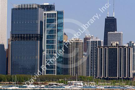 Highrise buildings and skyline of Chicago, Illinois, USA.