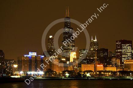 Chicago skyline at night, Illinois, USA.