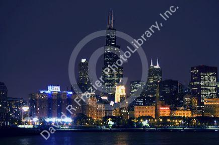 Chicago skyline at night, Illinois, USA.