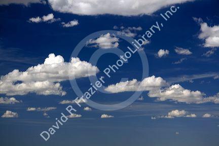 Blue sky and cumulus clouds over Wyoming, USA.