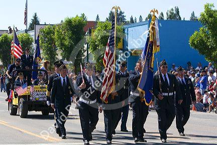 United States military veteran Color Guard on parade during 4th of July festivities in Cascade, Idaho, USA.
