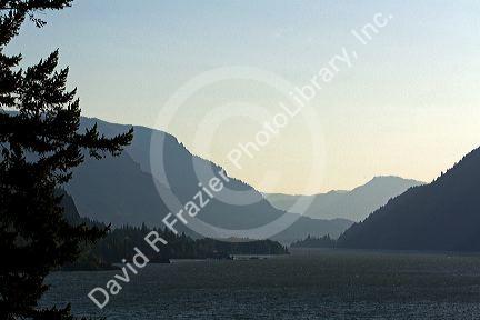 Scenic view of the Columbia River Gorge and Cascade Range near Mosier, Oregon, USA.