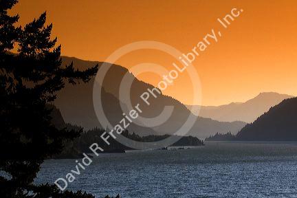 Scenic view of the Columbia River Gorge and Cascade Range near Mosier, Oregon, USA.