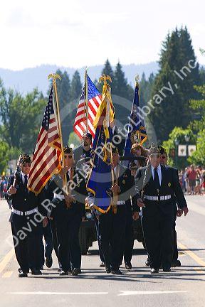 United States military veteran Color Guard on parade during 4th of July festivities in Cascade, Idaho, USA.