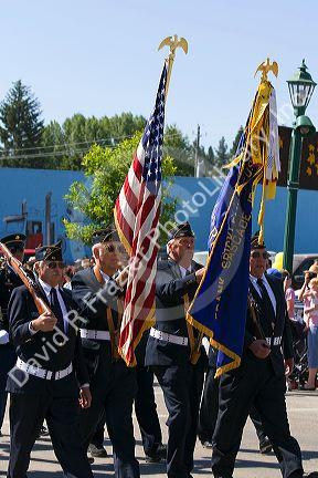 United States military veteran Color Guard on parade during 4th of July festivities in Cascade, Idaho, USA.