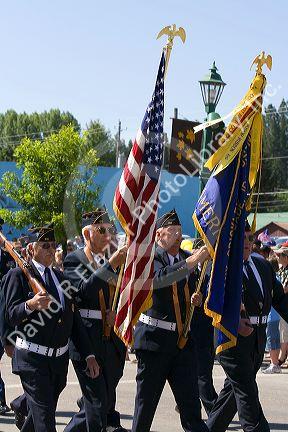 United States military veteran Color Guard on parade during 4th of July festivities in Cascade, Idaho, USA.